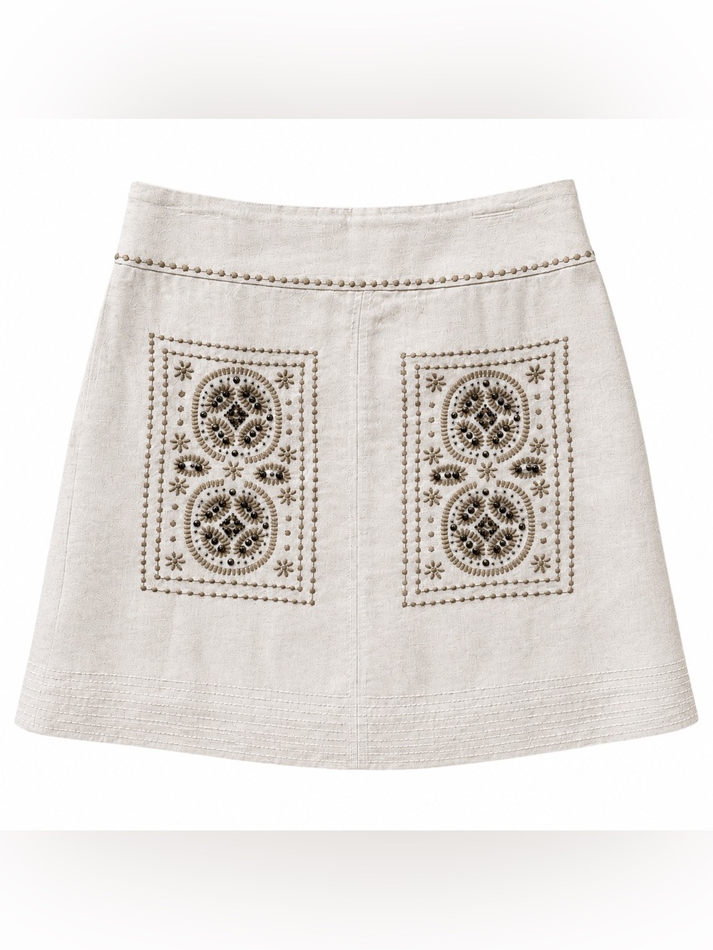 Anthropologie Beaded Embroidered Linen Blend pencil Skirt Pockets Gold Shimmer